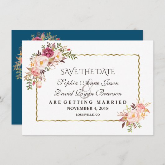 Luxe Gouden Blush Roze Bloem Navy Save The Date (Voorkant / Achterkant)