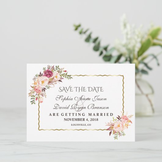 Luxe Gouden Blush Roze Bloem Navy Save The Date (Staand voorkant)