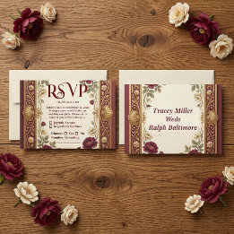 Luxe Gouden Bourgondië Roos Vintage Weelderige Tro RSVP Kaartje