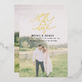 Luxe Gouden Calligrafie 2 foto's Save The Date  Folie Uitnodiging