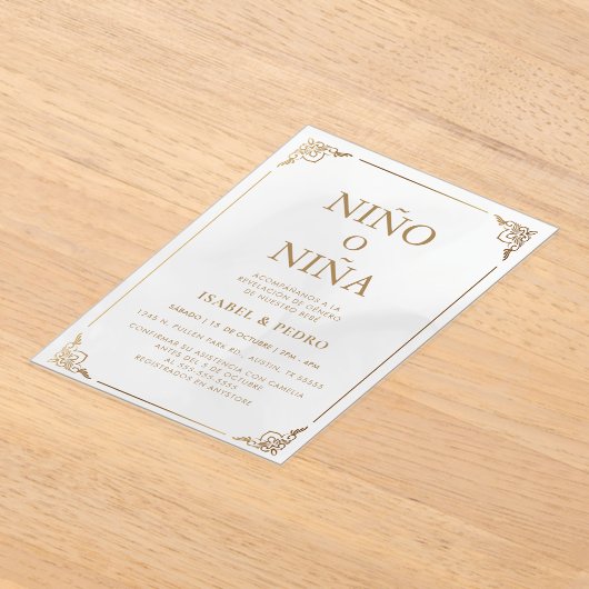 Luxe Gouden Crème Spaans Geslacht Onthulling Acryl Uitnodigingen (Laagn)