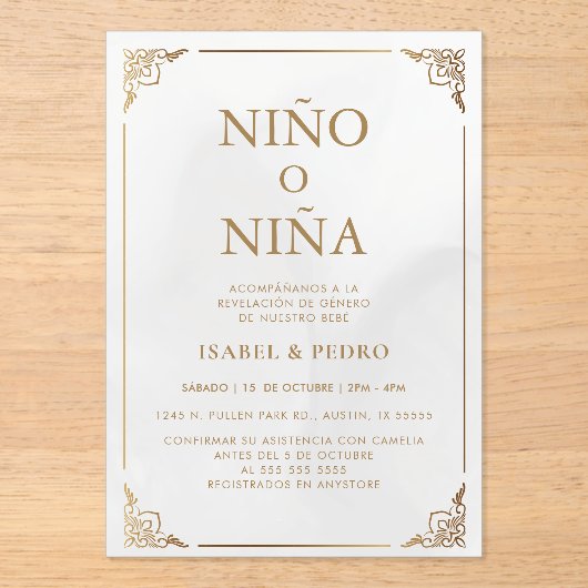 Luxe Gouden Crème Spaans Geslacht Onthulling Acryl Uitnodigingen (Voorkant)
