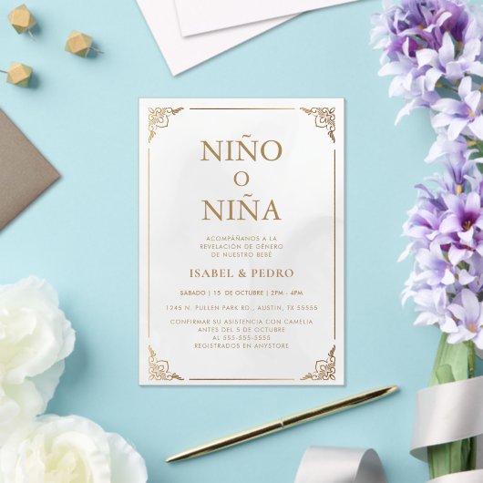 Luxe Gouden  Crème Spaans Geslacht Onthulling Acryl Uitnodigingen (Insitu (Huwelijk))