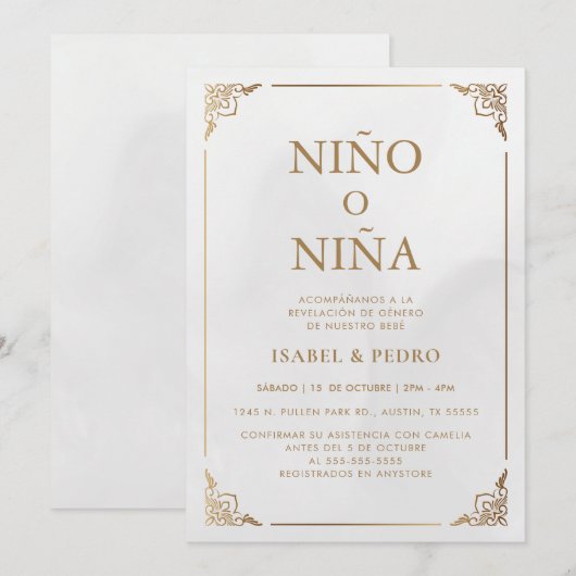 Luxe Gouden  Crème Spaans Geslacht Onthulling Kaart (Voorkant / Achterkant)