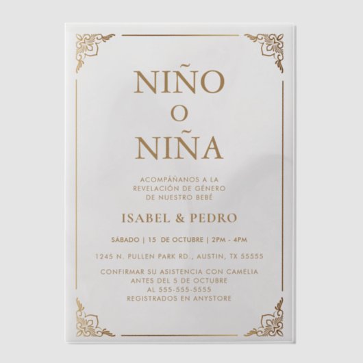 Luxe Gouden  Crème Spaans Geslacht Onthulling Vellum Uitnodigingen (Voorkant)
