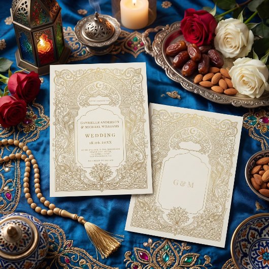 Luxe Gouden Damast Arabesque Moslim Bruiloft Kaart