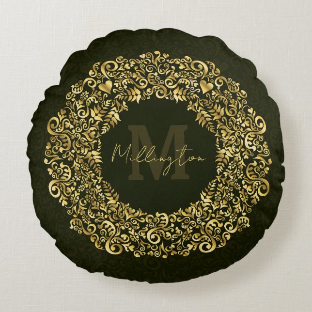 Luxe gouden damast monogram rond kussen (Voorkant)