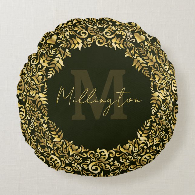Luxe gouden damast monogram rond kussen (Voorkant)
