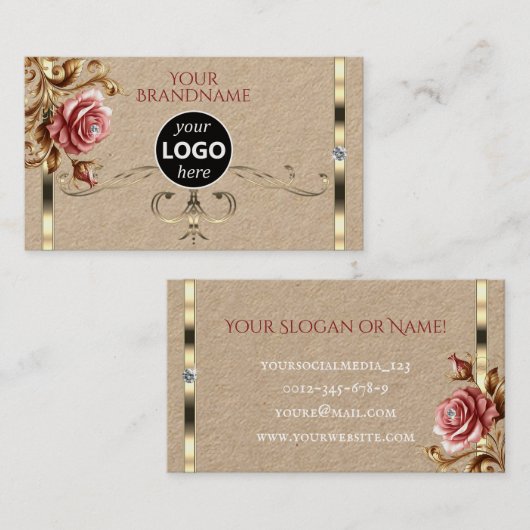 Luxe Gouden Decor  Roos Diamanten Logo Visitekaartje (Voorkant / Achterkant)
