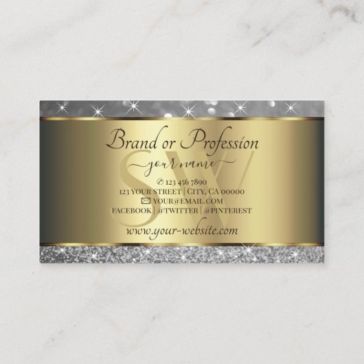 Luxe Gouden Decor Sparkle Silver Glitter Initialen Visitekaartje (Achterkant)