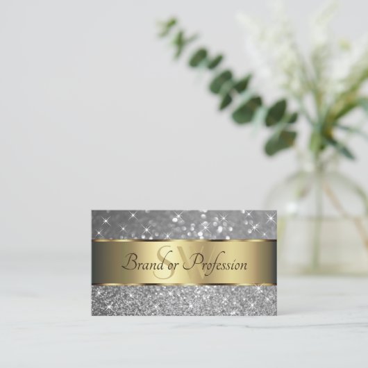 Luxe Gouden Decor Sparkle Silver Glitter Initialen Visitekaartje (Staand voorkant)