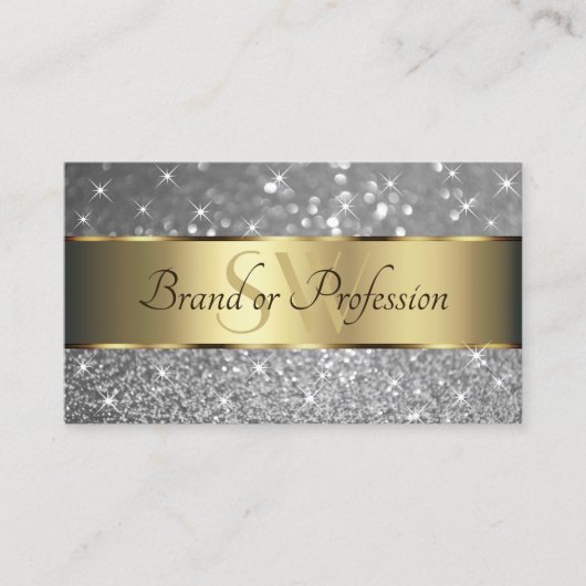 Luxe Gouden Decor Sparkle Silver Glitter Initialen Visitekaartje (Voorkant)