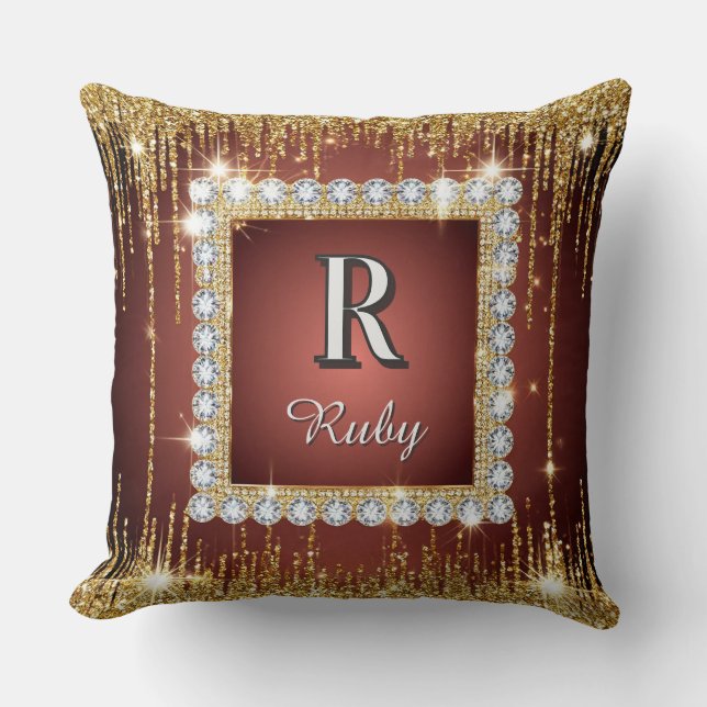 Luxe Gouden Diamanten Frame Monogram Vierkant Glit Kussen (Voorkant)