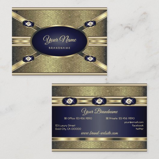 Luxe Gouden Effecten Donkerblauw met Faux Diamonds Visitekaartje (Voorkant / Achterkant)