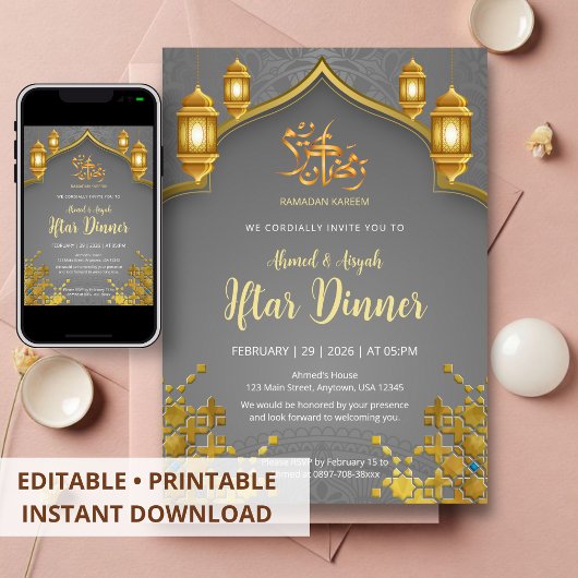 Luxe gouden en antracietgrijze Iftar-diner Kaart