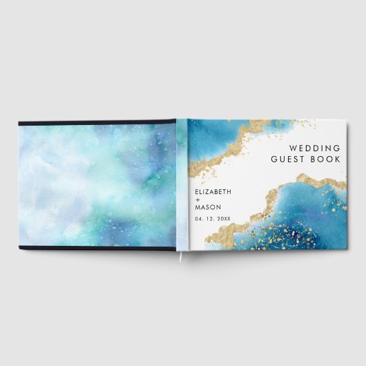 Luxe gouden en blauwe Abstracte oceaan strand brui Gastenboek (Volledig)