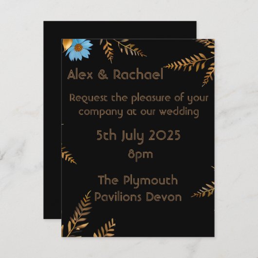 Luxe gouden en blauwe bloemen-huwelijksuitnodiging kaart (Voorkant / Achterkant)