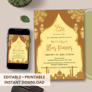 Luxe Gouden en Bruine Islamitische Boog Iftar-dine Kaart