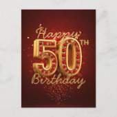 Luxe Gouden en Rode Edelsteen 50e Verjaardag Briefkaart (Voorkant)