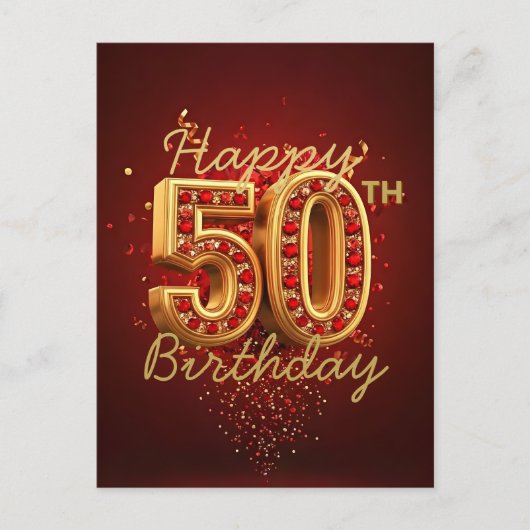 Luxe Gouden en Rode Edelsteen 50e Verjaardag Briefkaart (Voorkant)
