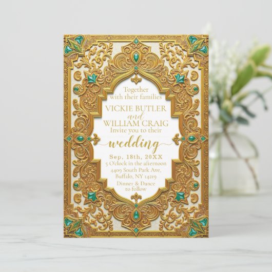 Luxe gouden en smaragdgroene huwelijksuitnodiging kaart (Staand voorkant)