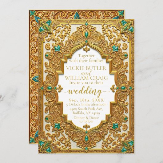 Luxe gouden en smaragdgroene huwelijksuitnodiging kaart (Voorkant / Achterkant)