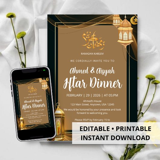 Luxe Gouden en Zwarte Islamitische Iftar-diner Kaart