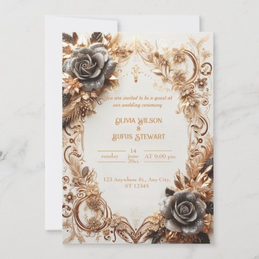 Luxe gouden en zwarte Roos huwelijksuitnodiging Kaart (Voorkant)