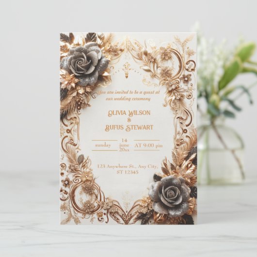 Luxe gouden en zwarte Roos huwelijksuitnodiging Kaart (Staand voorkant)