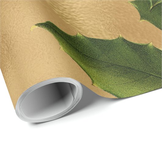 Luxe gouden faux Folie, groene hulst, rode bessen Cadeaupapier (Rol Hoek)