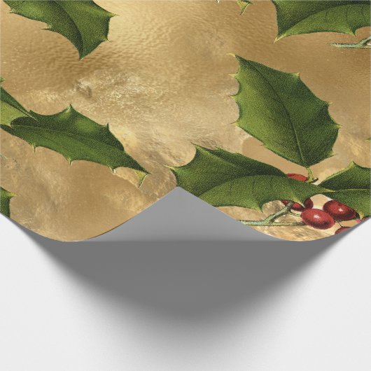Luxe gouden faux Folie, groene hulst, rode bessen Cadeaupapier (Hoek)