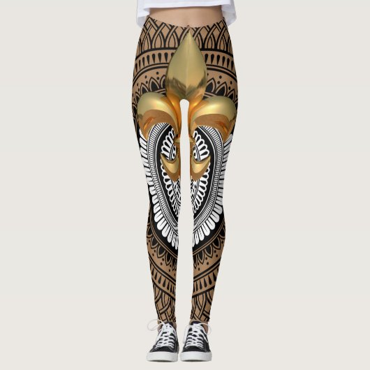 Luxe Gouden Fleur-de-Lis Mandala Zwart Patroon Leggings (Voorkant)