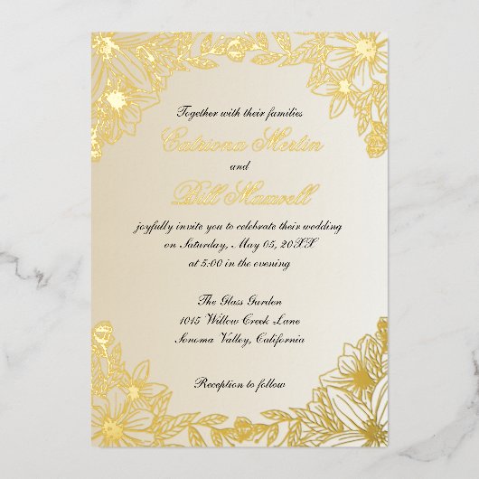 Luxe gouden folie Bloemen bruiloft uitnodiging (Voorkant)