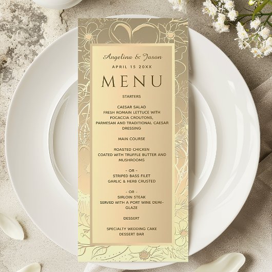 Luxe gouden folie bloemenbruiloft menu