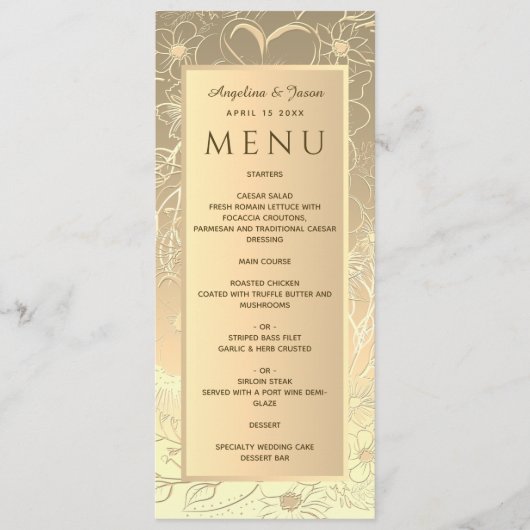 Luxe gouden folie bloemenbruiloft menu (Voorkant)