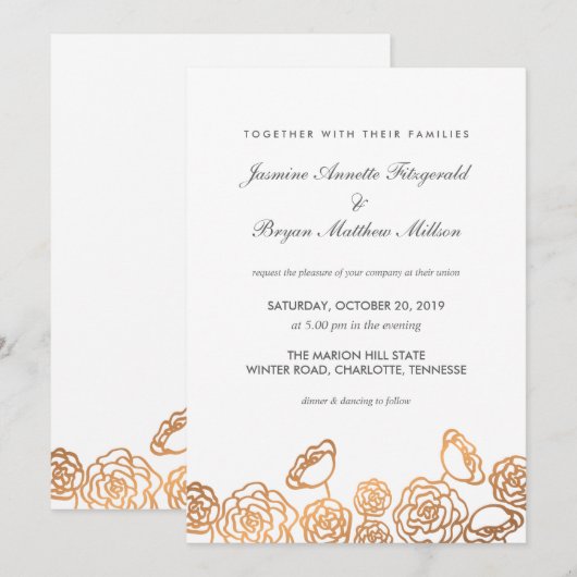 Luxe Gouden Folie Floral Moderne Bruiloft Kaart (Voorkant / Achterkant)