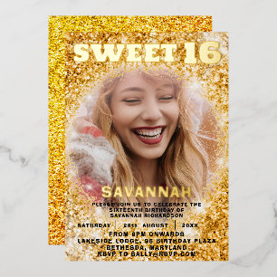 Luxe Gouden folie & Glitter Foto Sweet 16 Party Folie Uitnodiging