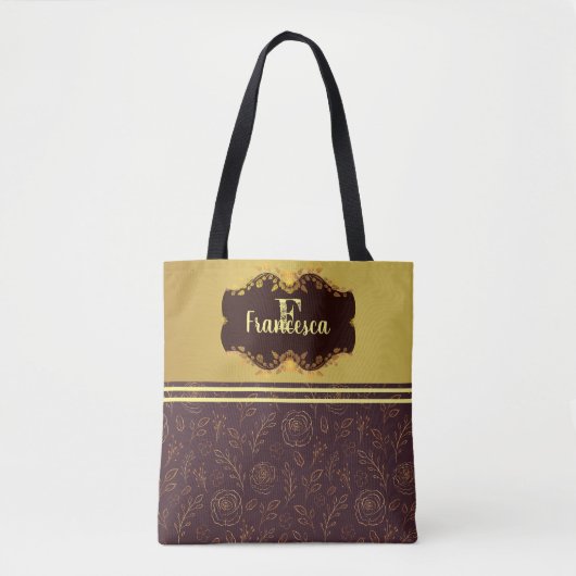 Luxe Gouden Folie Glitterij Bloemen Naam Monogram Tote Bag (Voorkant)
