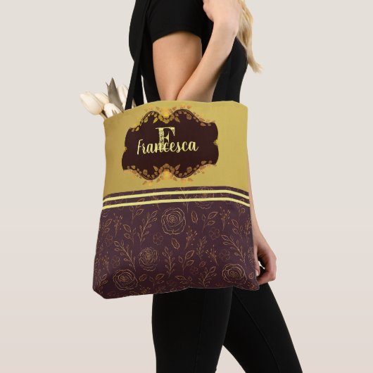 Luxe Gouden Folie Glitterij Bloemen Naam Monogram Tote Bag (Dichtbij)