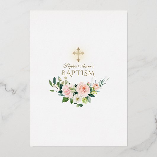 Luxe Gouden Folie Roze Bloem Doop Folie Uitnodiging (Achterkant)