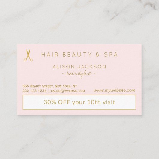 Luxe gouden folie roze KAPSALON loyalty punch Visitekaartje (Achterkant)