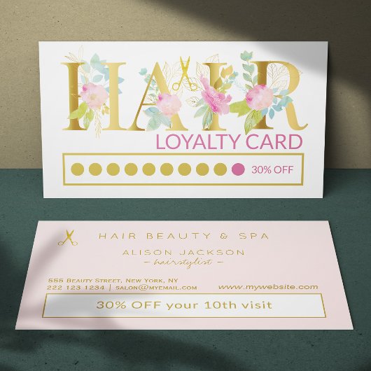 Luxe gouden folie roze KAPSALON loyalty punch Visitekaartje