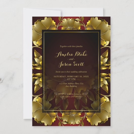 Luxe Gouden Gegraveerde Bloemen Huwelijksuitnodigi Feestdagenkaart (Voorkant)