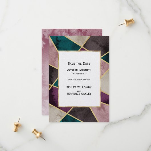 Luxe Gouden Geometrische Groene Paarse Bruiloft Save The Date (Voorkant / Achterkant in situ)