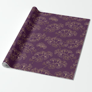 Luxe Gouden Ginkgo Bladeren op Diep Paars Cadeaupapier
