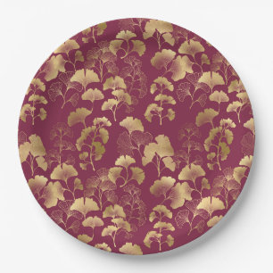 Luxe gouden Ginkgo-bladeren op diepe bordeauxrood  Papieren Bordje