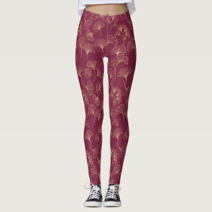 Luxe gouden Ginkgo-bladeren op diepe burgundy Leggings