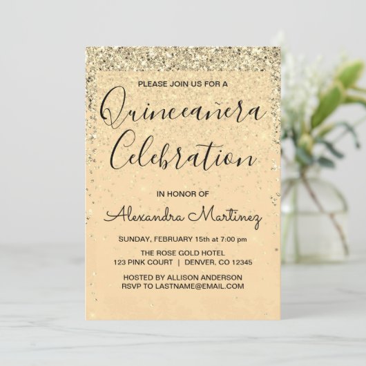 Luxe Gouden Girly Glitter Sparkle Quinceanera Kaart (Staand voorkant)