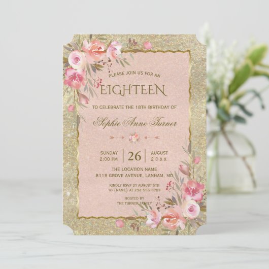 Luxe Gouden Glitter Blush Bloemen 18e Verjaardag Kaart (Staand voorkant)
