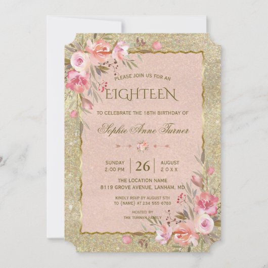 Luxe Gouden Glitter Blush Bloemen 18e Verjaardag Kaart (Voorkant)